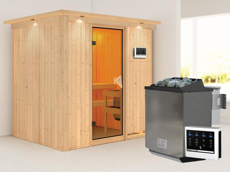 Karibu Sauna Bodin inkl. 9 kW Bioofen ext. Steuerung, mit bronzierter Saunatür -mit Dachkranz-