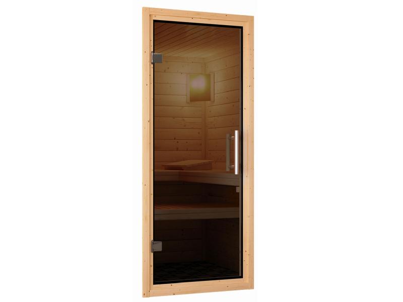 Karibu Sauna Bodin inkl. 9 kW Ofen ext. Steuerung mit moderner Saunatür  -mit Dachkranz-