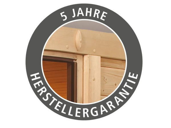 Karibu Sauna Bodin inkl. 9 kW Ofen ext. Steuerung, mit bronzierter Saunatür -mit Dachkranz-