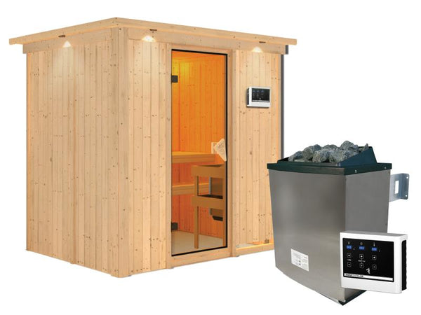 Karibu Sauna Bodin inkl. 9 kW Ofen ext. Steuerung, mit bronzierter Saunatür -mit Dachkranz-