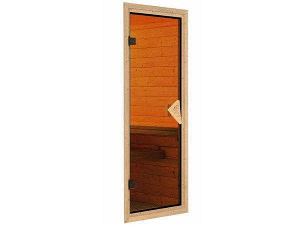 Karibu Sauna Bodin inkl. 9 kW Ofen ext. Steuerung, mit bronzierter Saunatür -mit Dachkranz-