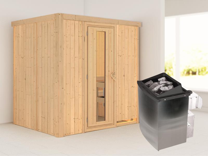 Karibu Sauna Bodin inkl. 9 kW Ofen integr. Steuerung, mit energiesparender Saunatür -ohne Dachkranz-