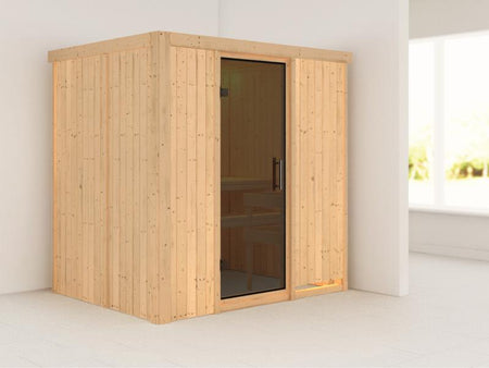 Karibu Sauna Bodin ohne Ofen, ohne Dachkranz, mit moderner Saunatür