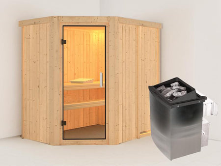 Karibu Sauna Carin inkl. 9 kW Ofen integr. Steuerung mit Klarglas Ganzglastür - ohne Dachkranz -