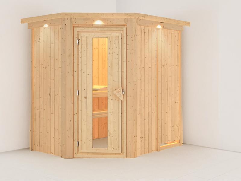 Karibu Sauna Carin ohne Ofen, mit Dachkranz, mit energiesparender Saunatür