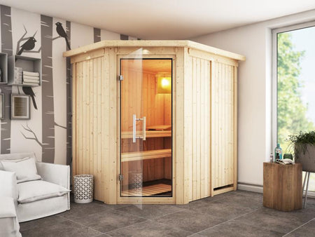 Karibu Sauna Carin ohne Ofen, mit Dachkranz, mit Klarglas Ganzglastür