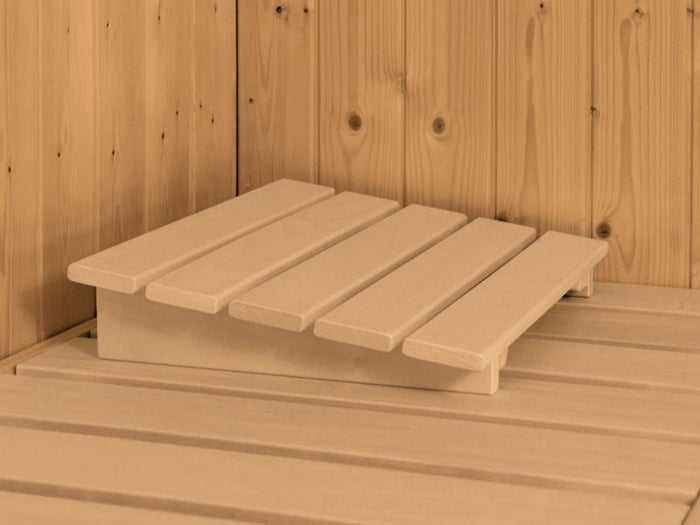 Karibu Sauna Carin ohne Ofen, mit Dachkranz, mit Klarglas Ganzglastür