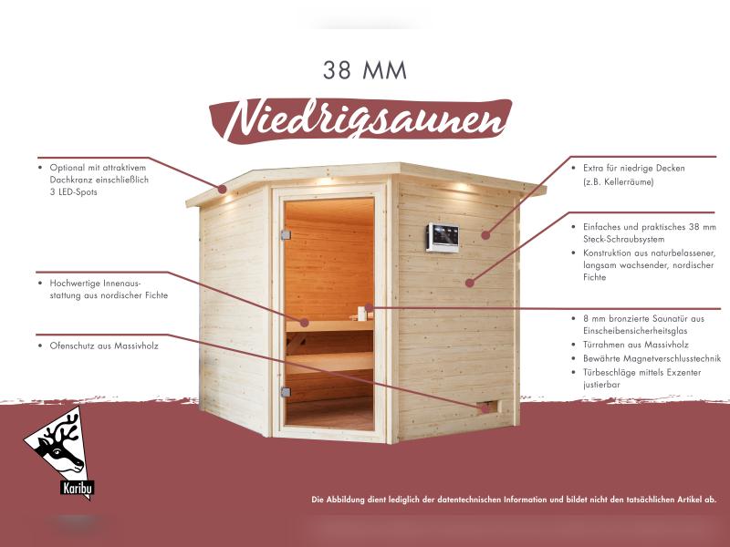 Karibu Sauna Elea inkl. 9 kW Bioofen ext. Steuerung mit klassischer Saunatür -ohne Dachkranz-