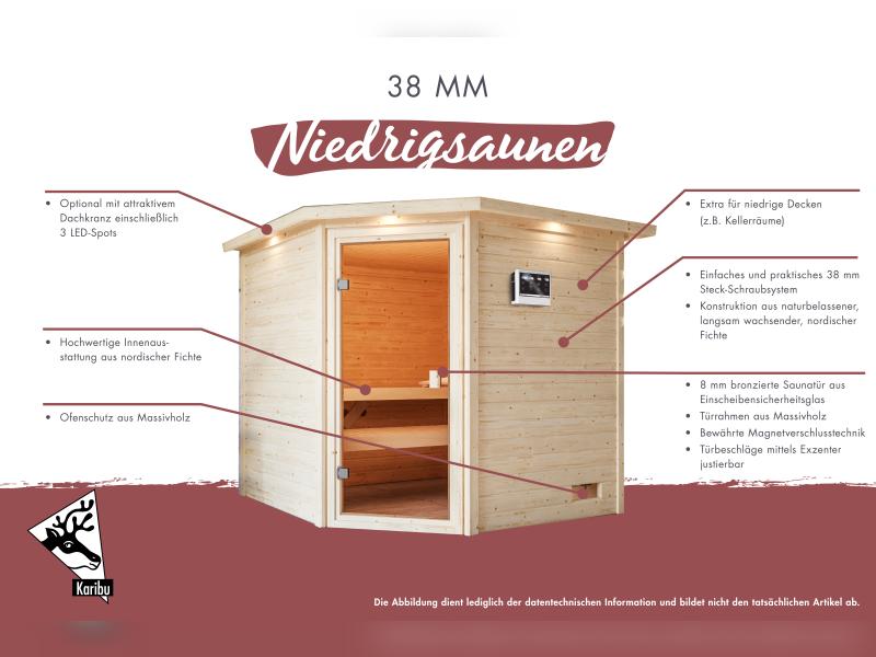 Karibu Sauna Elea inkl. 9 kW Ofen integr. Steuerung mit klassischer Saunatür -ohne Dachkranz-