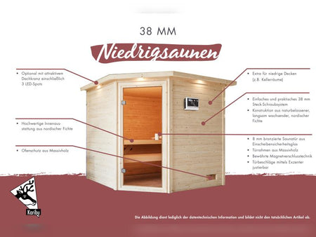 Karibu Sauna Elea inkl. 9 kW Ofen integr. Steuerung mit klassischer Saunatür -ohne Dachkranz-