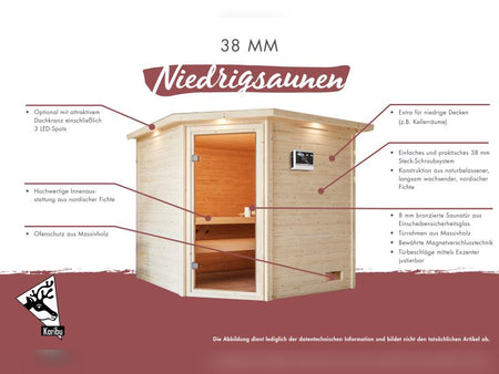 Karibu Sauna Elea inkl. 9 kW Ofen integr. Steuerung mit klassischer Saunatür -mit Dachkranz-