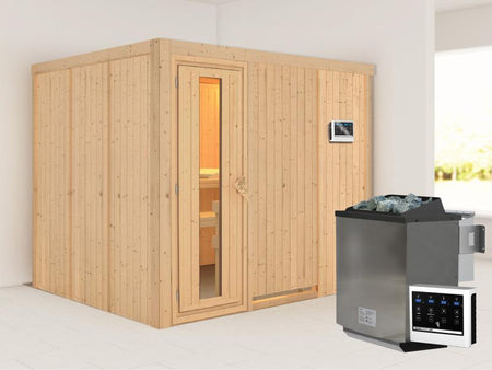 Karibu Sauna Gobin inkl. 9-kW-Bioofen mit externer Steuerung, ohne Dachkranz, mit energiesparender S