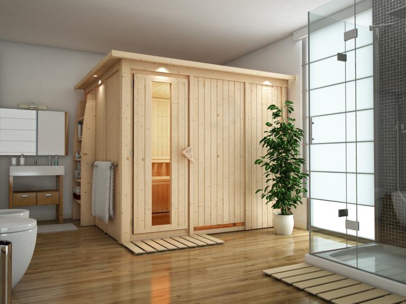Karibu Sauna Gobin inkl. 9-kW-Ofen mit interner Steuerung, mit Dachkranz, mit energiesparender Sauna