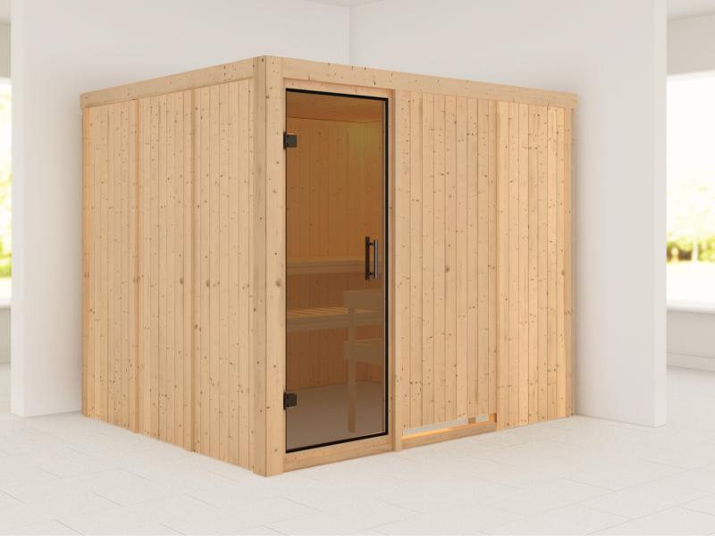Karibu Sauna Gobin ohne Ofen, ohne Dachkranz, mit moderner Saunatür