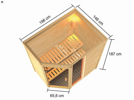 Karibu Sauna Jada mit 9 kW Ofen integr. Strg 38 mm