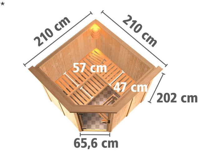 Karibu Sauna Jarin inkl. 9 kW Bio Ofen mit ext. Steuerung, mit Dachkranz, mit Ganzglas Klarglastür