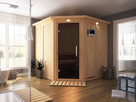 Karibu Sauna Jarin inkl. 9-kW-Bioofen mit externer Steuerung, mit Dachkranz, mit moderner Saunatür