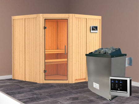 Karibu Sauna Jarin inkl. 9 kW Ofen mit ext. Steuerung, ohne Dachkranz, mit Ganzglas Klarglastür