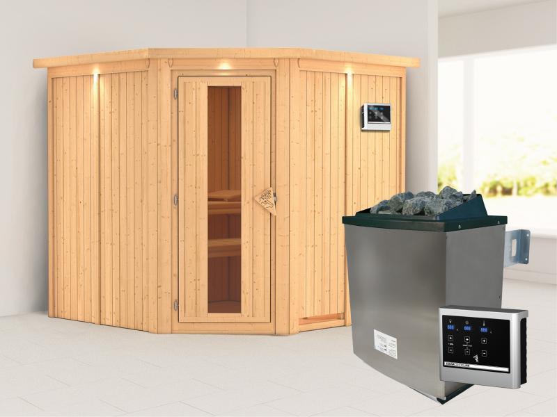 Karibu Sauna Jarin inkl. 9-kW-Ofen mit externer Steuerung, mit Dachkranz, mit energiesparender Sauna