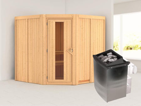 Karibu Sauna Jarin inkl. 9-kW-Ofen mit interner Steuerung, ohne Dachkranz, mit energiesparender Saun