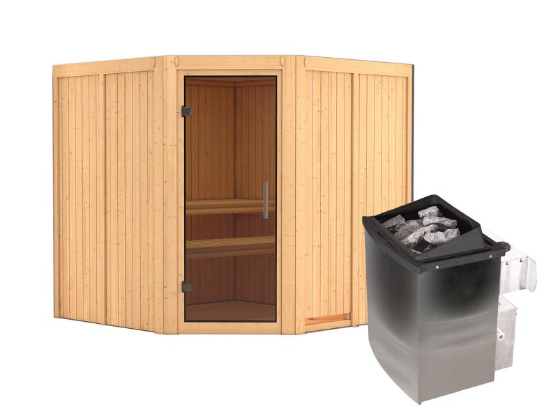 Karibu Sauna Jarin inkl. 9-kW-Ofen mit interner Steuerung, ohne Dachkranz, mit moderner Saunatür