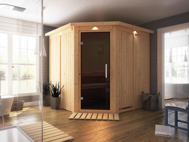 Karibu Sauna Jarin ohne Ofen, mit Dachkranz, mit moderner Saunatür