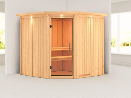 Karibu Sauna Jarin ohne Ofen, mit Dachkranz, mit Ganzglas Klarglastür