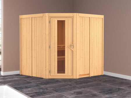Karibu Sauna Jarin ohne Ofen, ohne Dachkranz, mit energiesparender Saunatür