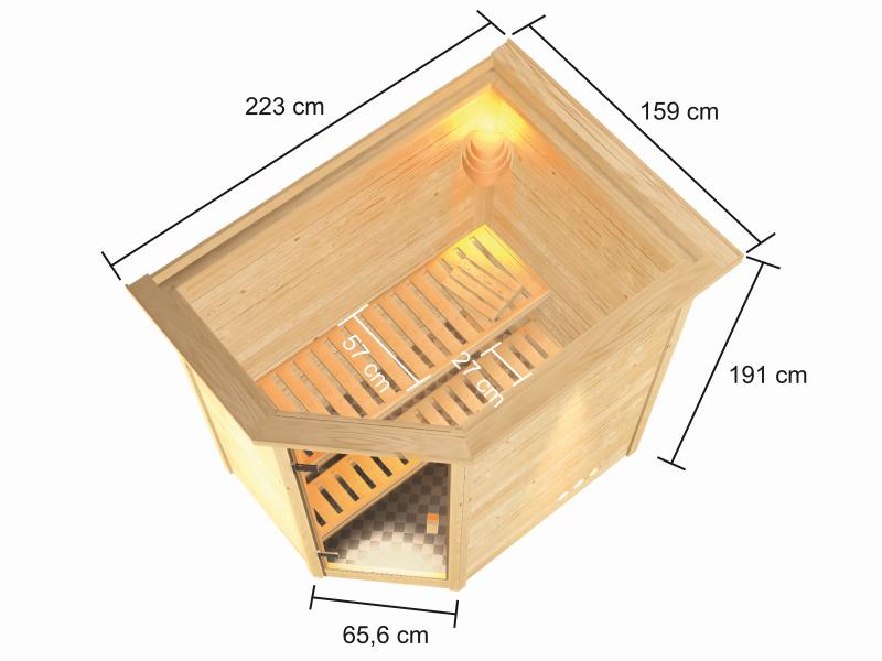 Karibu Sauna Jella inkl. 9 kW Ofen integr. Steuerung mit klassischer Saunatür -mit Dachkranz-