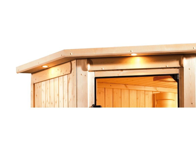 Karibu Sauna Jella mit 3,6 kW Bioofen ext. Strg und Dachkranz 38 mm