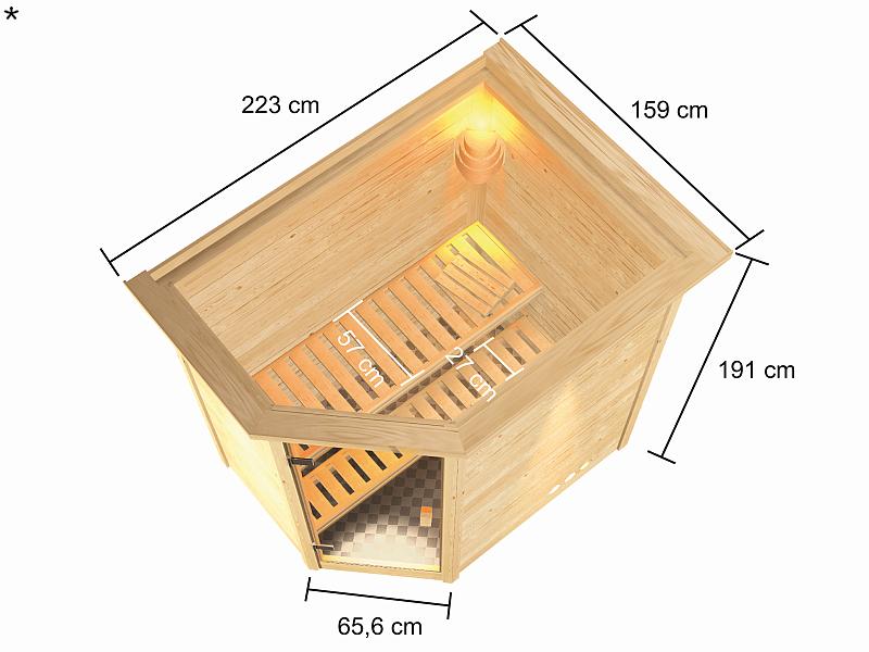Karibu Sauna Jella mit 3,6 kW Ofen integr. Strg und Dachkranz 38 mm