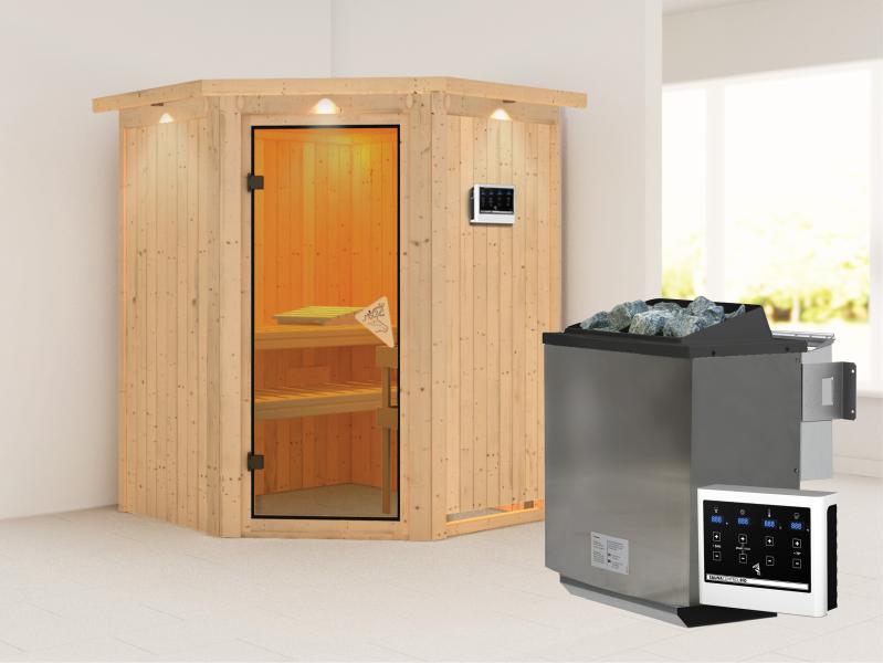 Karibu Sauna Larin inkl. 9 kW Bioofen externe Steuerung mit bronzierter Ganzglastür - mit Dachkranz