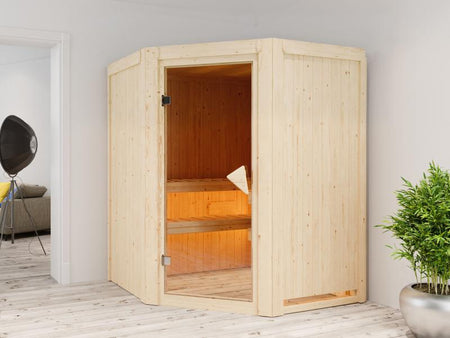 Karibu Sauna Larin inkl. 9 kW Bioofen externe Steuerung, mit bronzierter Ganzglastür - ohne Dachkran