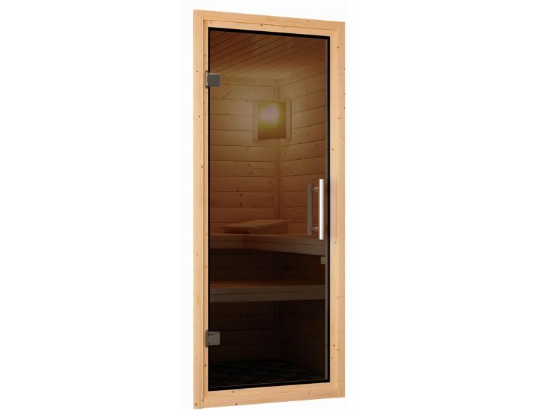 Karibu Sauna Larin inkl. 9 kW Bioofen externe Steuerung, mit moderner Saunatür - ohne Dachkranz -