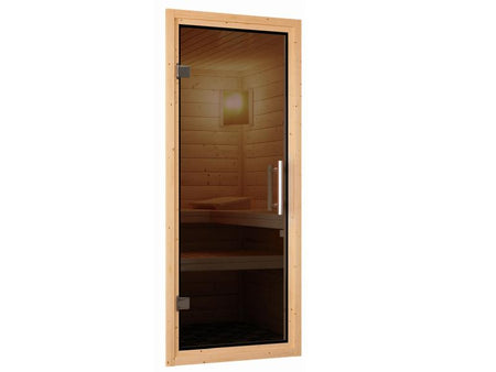 Karibu Sauna Larin inkl. 9 kW Ofen externe Steuerung, mit moderner Saunatür - mit Dachkranz -