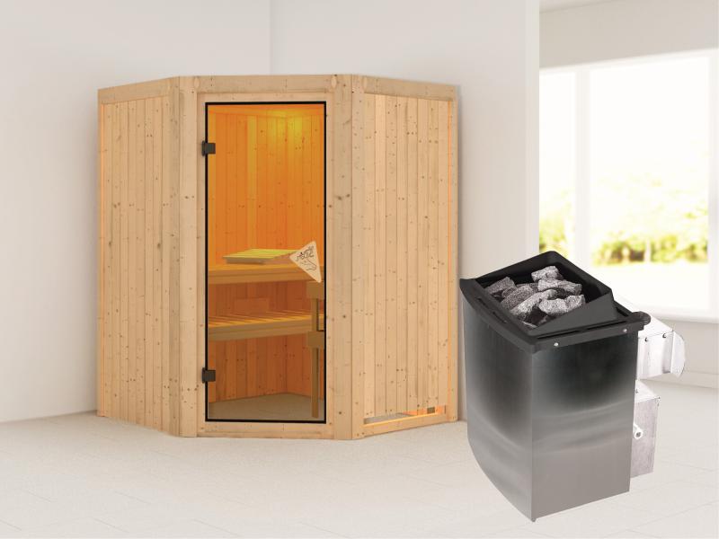 Karibu Sauna Larin inkl. 9 kW Ofen integrierte Steuerung, mit bronzierter Ganzglastür - ohne Dachkra