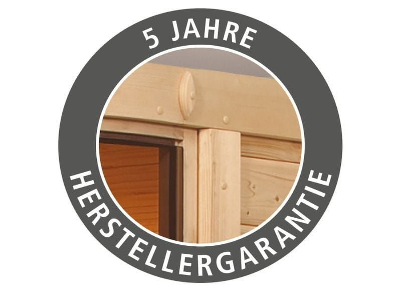 Karibu Sauna Larin inkl. 9 kW Ofen integrierte Steuerung, mit bronzerter Ganzglastür - mit Dachkranz