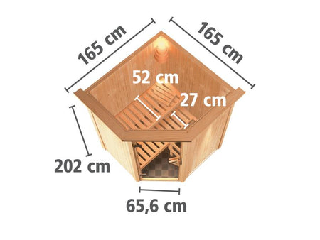 Karibu Sauna Larin inkl. 9 kW Ofen integrierte Steuerung, mit bronzerter Ganzglastür - mit Dachkranz