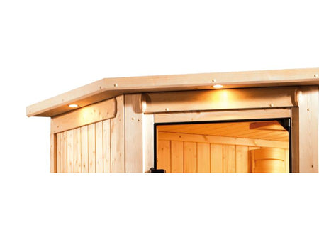 Karibu Sauna Larin inkl. 9 kW Ofen integrierte Steuerung, mit bronzerter Ganzglastür - mit Dachkranz