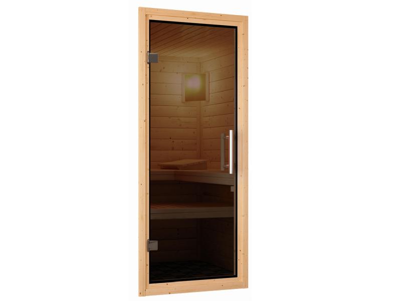 Karibu Sauna Larin inkl. 9 kW Ofen integrierte Steuerung,mit moderner Saunatür - mit Dachkranz -