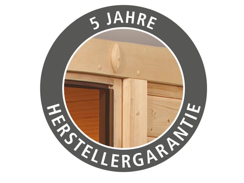 Karibu Sauna Larin inkl. 9kW Bioofen externe Steuerung, mit Klarglas-Ganzglastür -ohne Dachkranz-
