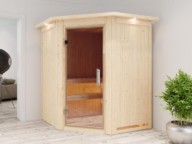 Karibu Sauna Larin inkl. 9kW Bioofen externe Steuerung, mit Klarglas-Ganzglastür -mit Dachkranz-