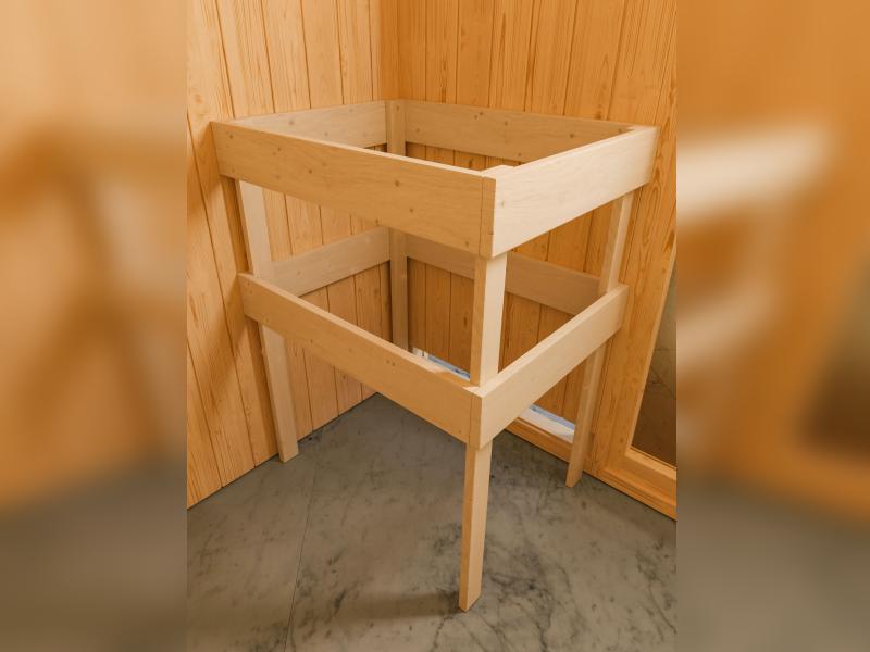 Karibu Sauna Larin inkl. 9kW Bioofen externe Steuerung, mit Klarglas-Ganzglastür -mit Dachkranz-