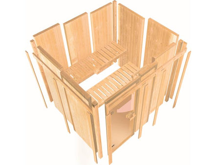 Karibu Sauna Larin inkl. 9kW Ofen integrierte Steuerung, mit Klarglas-Ganzglastür -ohne Dachkranz-