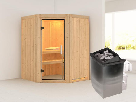 Karibu Sauna Larin inkl. 9kW Ofen integrierte Steuerung, mit Klarglas-Ganzglastür -ohne Dachkranz-