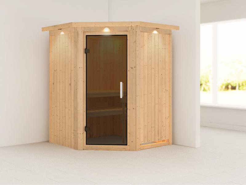 Karibu Sauna Larin ohne Ofen, mit Dachkranz, mit moderner Saunatür