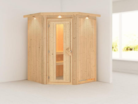 Karibu Sauna Larin ohne Ofen, mit Dachkranz, mit energiesparender Saunatür