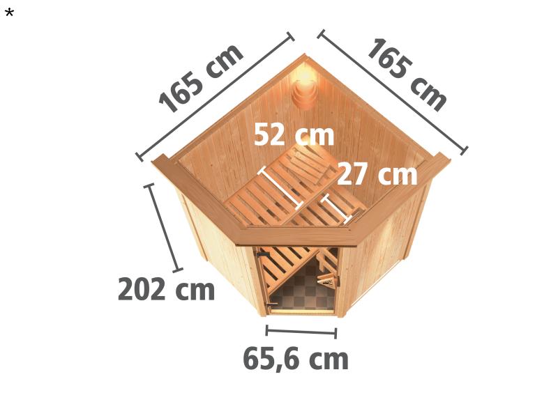 Karibu Sauna Larin ohne Ofen, mit Dachkranz, mit Klarglas-Ganzglastür