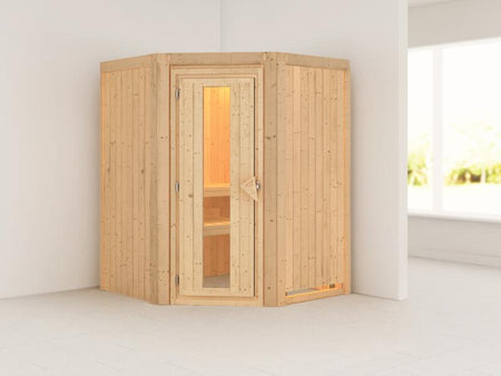 Karibu Sauna Larin ohne Ofen, ohne Dachkranz, mit energiesparender Saunatür