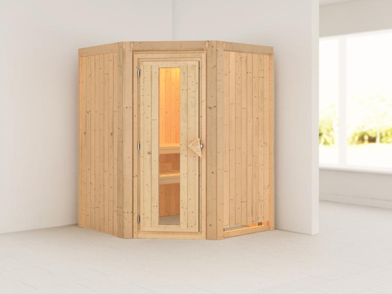 Karibu Sauna Larin ohne Ofen, ohne Dachkranz, mit energiesparender Saunatür